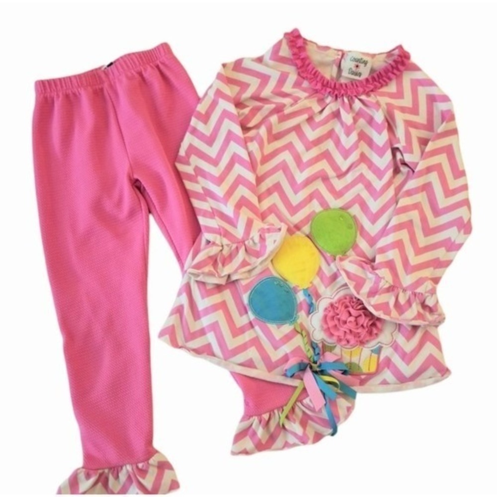 Birthday Outfit Pink Chevron Counting Daisies Balloons‎ Cupcake Set Girls 6